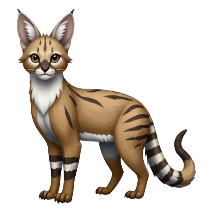Realistic patterned marked edgy greyish blackish whitish silvery coppery Shiny Colorful Glossy Genet-Caracal-Lion-Bobcat-fusion-animal-hybrid-creature, full body, big-tufted-bat-ears, long-thin-tufted-white-tipped-tail sticker