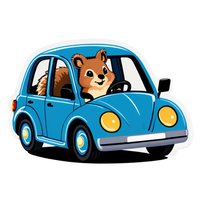 Quokka in a car with a squirrel driving sticker