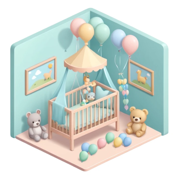 isometric baby room, Nursery with pastel walls and hanging mobile sticker