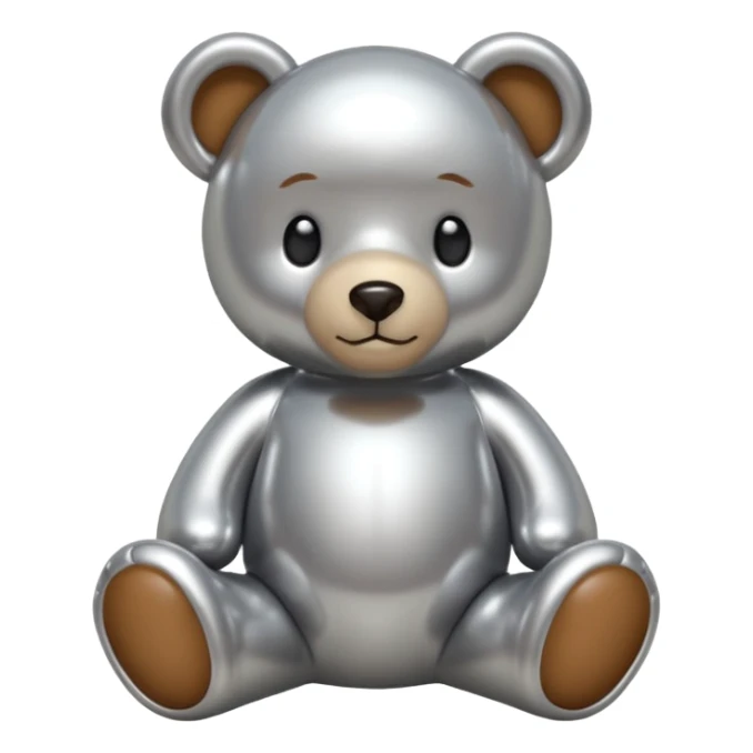 A cute teddy bear emoji made of liquid silver chrome, smooth rounded body, glossy metallic surface, soft reflections, friendly proportions, iOS emoji style, centered, clean white background sticker