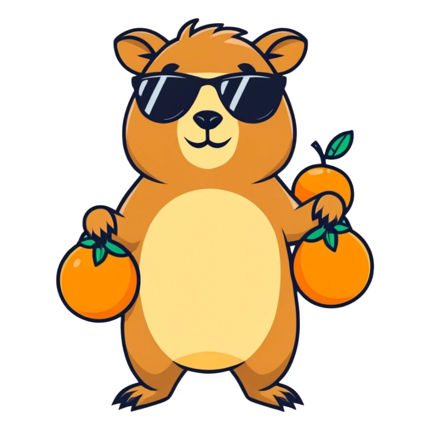 Capibara con gafas de sol y unas naranjas en la mano sticker