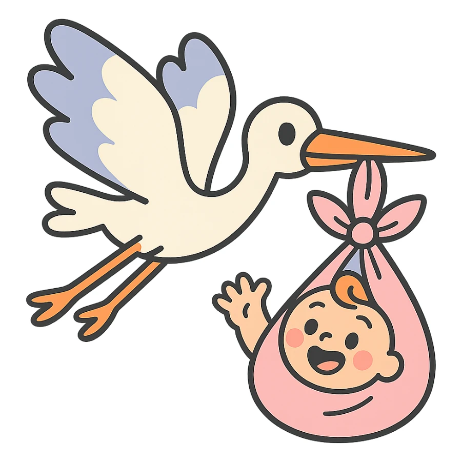 stork flying with a human baby in a bundle, pastel toon style sticker