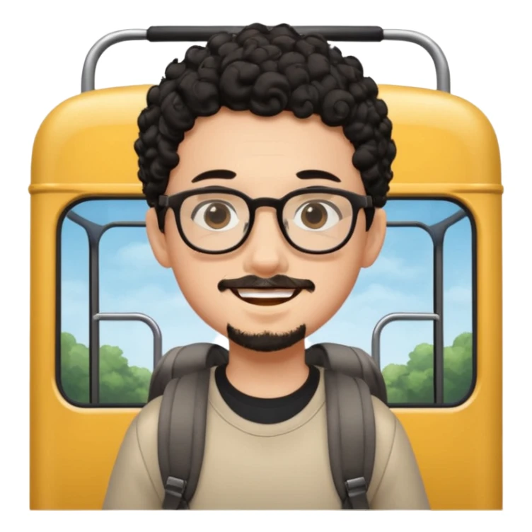 A young boy DEVELOPER WITH A backpack, black curly short hair, wearing glasses, a thin goatee, his skin is white, riding a bus sticker