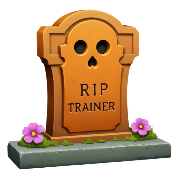 RIP tombstone with label "RIP Auto Trainer" sticker