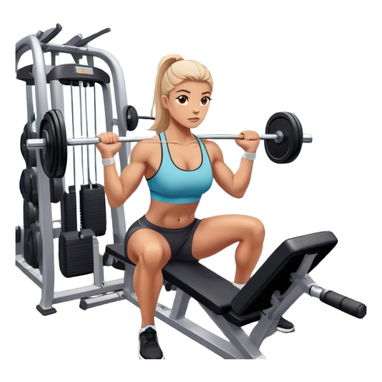 A focused athlete working out on a strength training machine in a modern gym. Muscles engaged, expression determined, demonstrating power and endurance. The gym is filled with equipment like dumbbells, barbells, and mirrors reflecting effort, creating a high-energy atmosphere. sticker