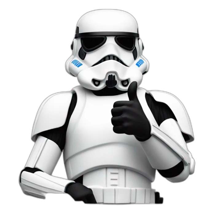 storm trooper in sunglasses giving a thumbs-up, with a relaxed pose and a simple background. sticker
