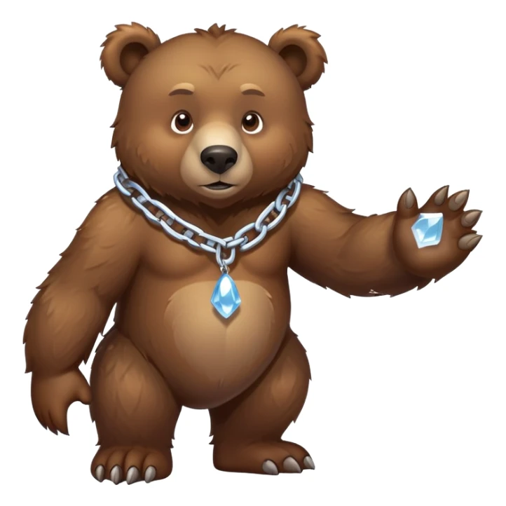 Complete full-length view of serious brown bear standing on four paws, showing entire body from nose to tail, with ice chain around neck sticker