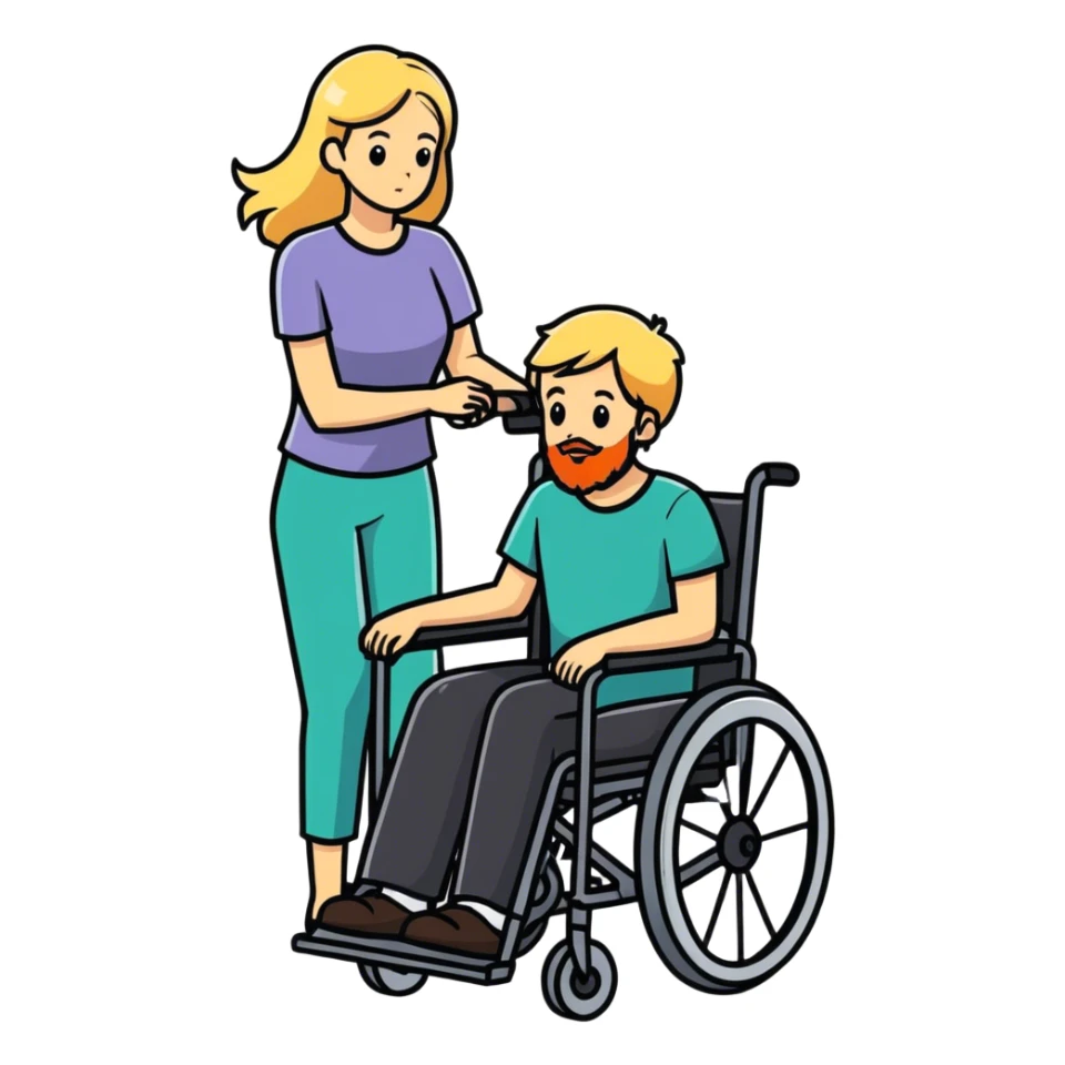 Single Boy in wheelchair with a beard with single blonde haired mom pushing sticker