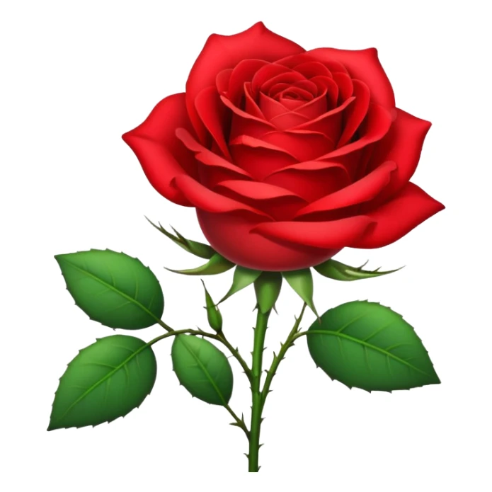 Generate a high-quality image of a single rose flower with stem and leaves, with very small and subtle thorns, realistic color and shading, smooth gradient colors, no human figures, no facial features, no brand markings, simple white background, high-resolution.

 sticker