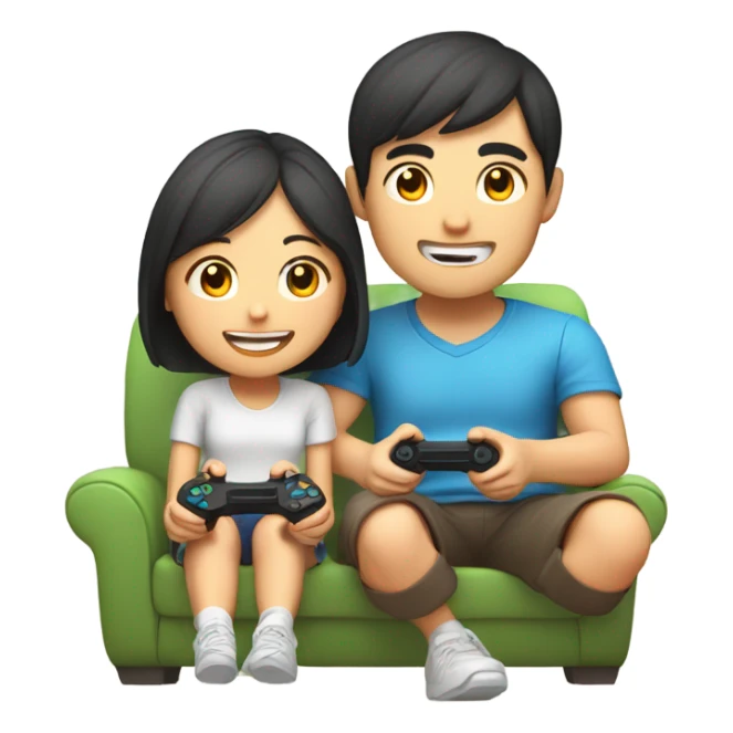 Cute Asian Couple sitting together and having fun playing video games sticker