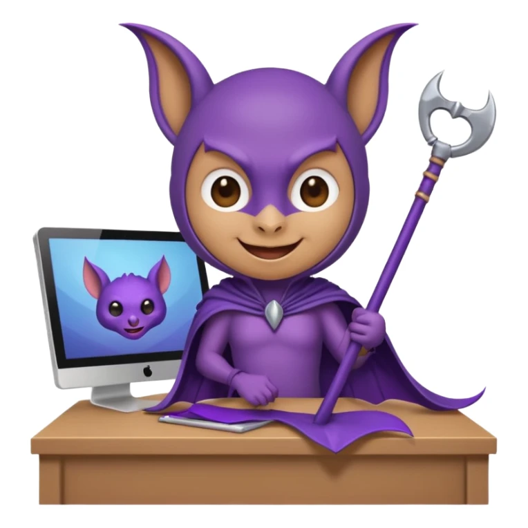 a happy purple bat holding a scythe while sitting in front of her computer sticker