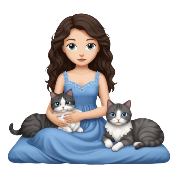 detailed realistic looking a dark grey and white cat regally laying with six other cats, cuddling with their owner in bed who is a pretty bratz lightly tanned white girl with long dark brown hair, blue eyes and gorgeous long wavy hair wearing a pretty detailed dress sticker