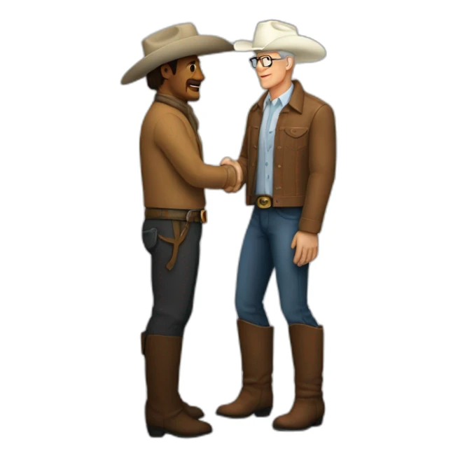 Tim Cook in turtle neck shaking hands with a white male cowboy sticker