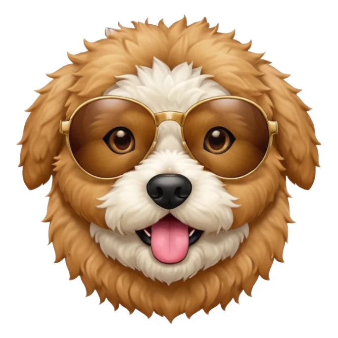 Create a small fur  circle mini golden doodle dog with brown eyes tan fur emoji  sticking its tongue out with sunglasses on sticker