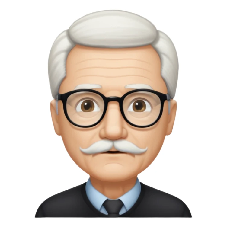 An elderly man with neatly combed white hair swept back, giving a tidy and classic look, and wears black rectangular glasses. His face is oval-shaped with  a small white mustache above his lips.d. sticker