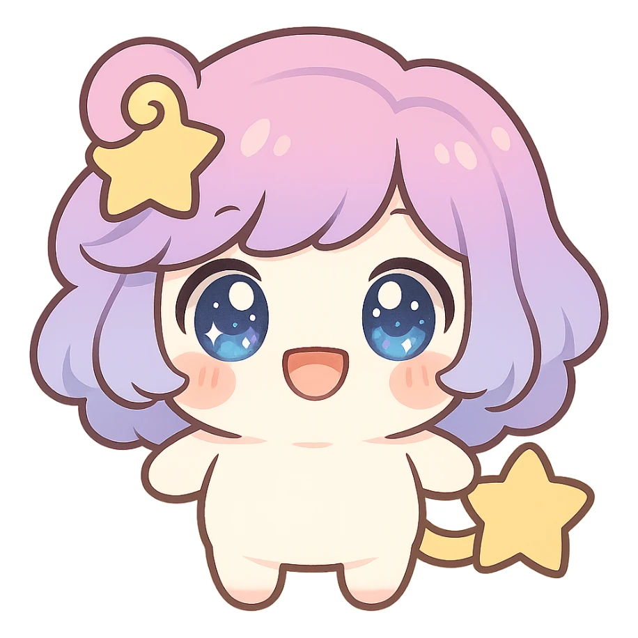 Stella Puff (星星噗噗) kawaii chibi style, front view, smiling happily, sparkling big glassy blue-violet eyes, puffy pastel pink-purple gradient hair with yellow star swirl, creamy white round body, coral pink blush, short arms and legs, soft golden star tail, clean lines, transparent background sticker