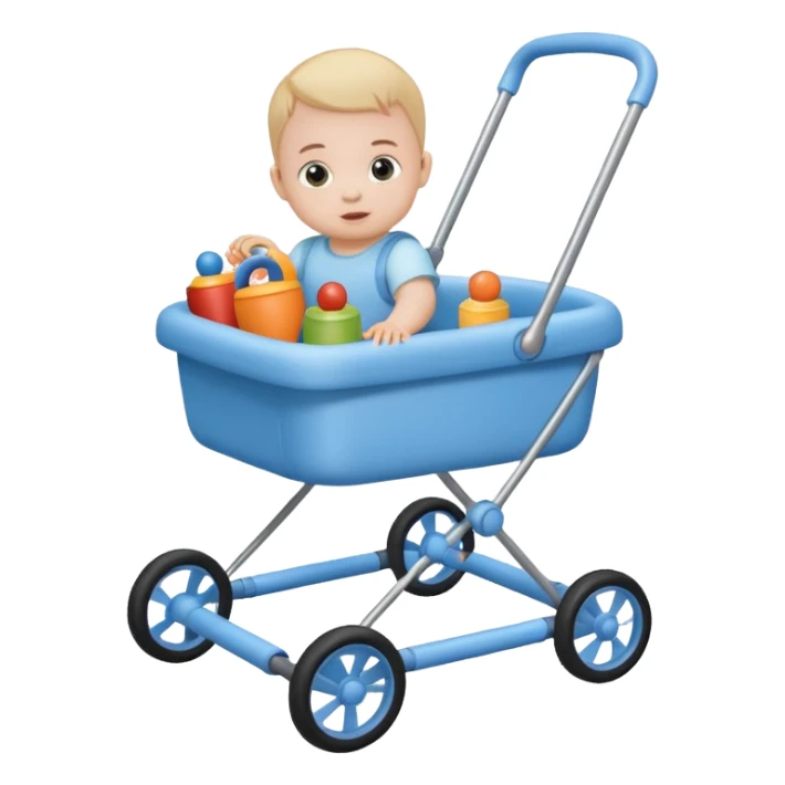 blue baby walker with toys on  it and baby is sittting sticker