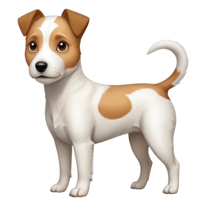 a full body slightly chubby white parson russell terrier looking dog the size of a kelpie with light brown long ears and a light brown patch on one eye and a large snout sticker