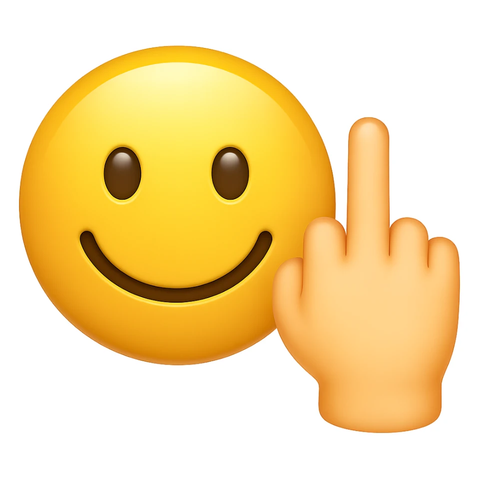 Make the smiley face and middle finger hand look more like a mobile phone emoji, with rounded shapes, glossy finish, and a style similar to standard phone emoji icons, keeping the transparent background. sticker