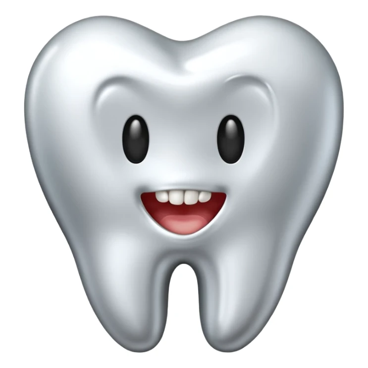 human tooth emoji, smooth chrome ceramic-metal texture, clean medical luxury aesthetic, isolated on white sticker