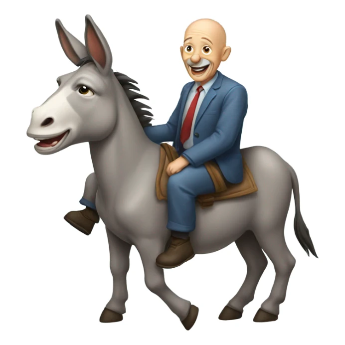 a laughing donkey with an old bald man sitting on it sticker
