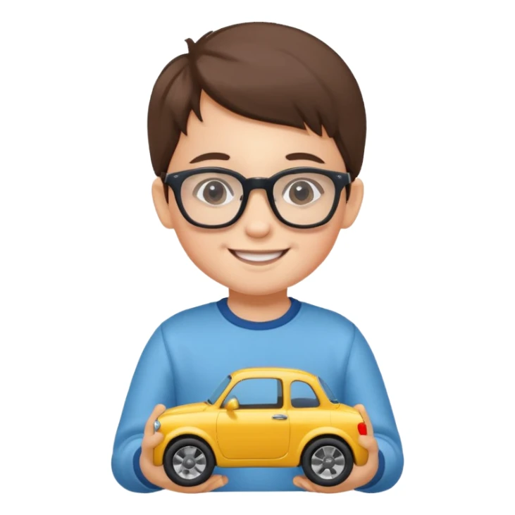 The child with glasses → is holding a toy car sticker