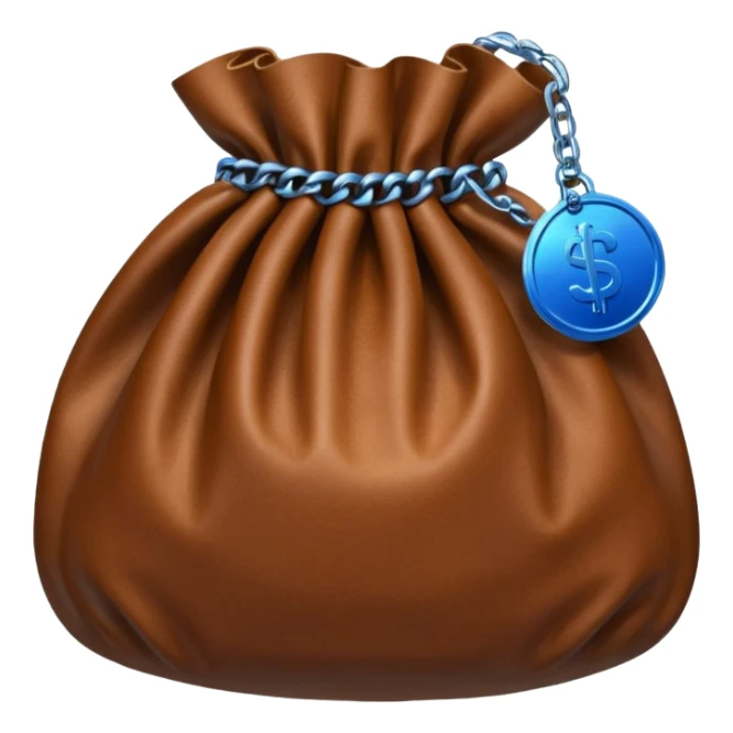 brown money bag with a blue coin  sticker