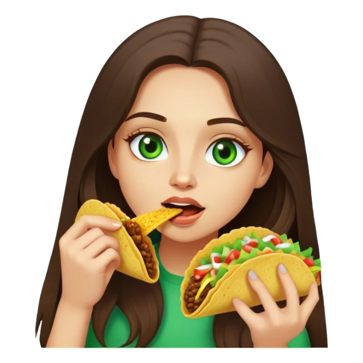 Long haired brunette girl with green eyes eating a taco sticker