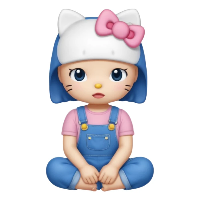 Hello Kitty from Sanrio, sitting and crying, blue overalls, visible tears, minimal background sticker