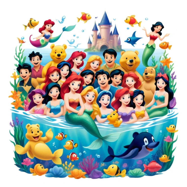 Icon for Animated Characters: A colorful, large-scale collage of beloved cartoon characters, including Goofy, Mickey Mouse, Winnie-the-Pooh, Ariel the Little Mermaid, Jasmine and others. Bright and vibrant, full of whimsical charm. Transparent background. sticker