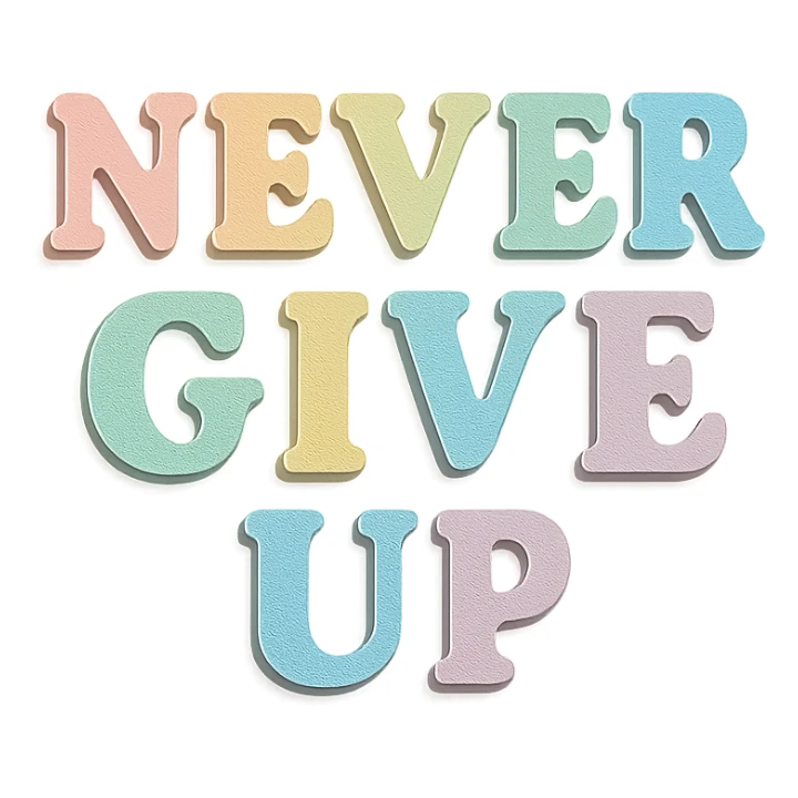 "Never Give Up" in soft pastel rainbow bold serif font, kawaii style, no outline, 3D paper-craft effect, transparent background sticker