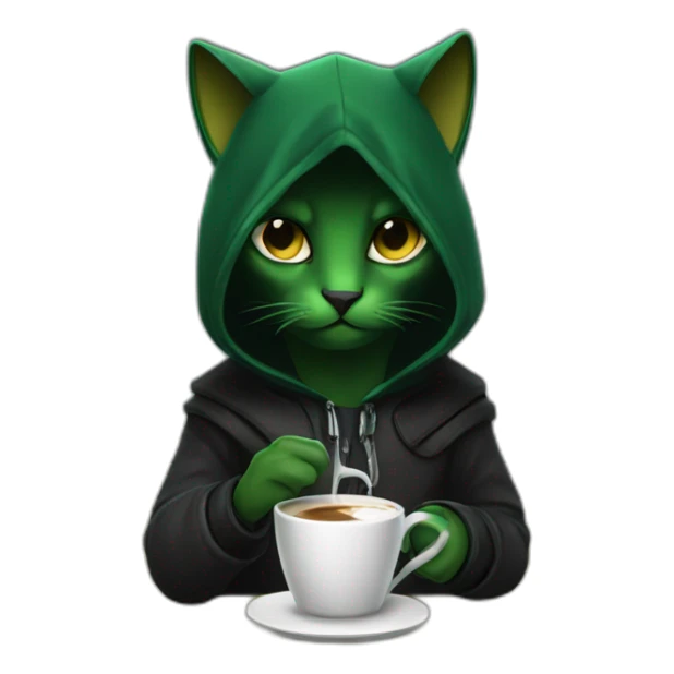 Green hooded black cat assassin sipping coffee sticker