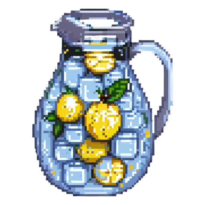 pitcher of lemonade with ice cubes, pixel art style sticker
