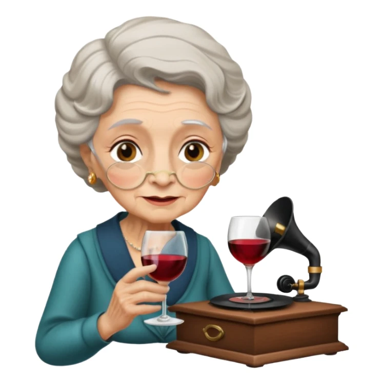 old lady with wineglass listening to gramophone sticker