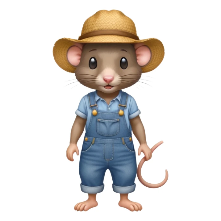 farmer rat in denim overalls with a straw hat sticker
