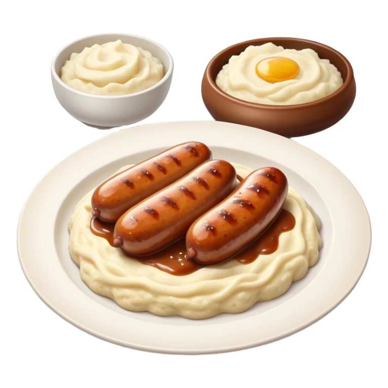 Cinematic Realistic Bangers and Mash Dish Emoji, featuring succulent pork sausages paired with creamy mashed potatoes rendered with detailed textures and natural highlights that emphasize its robust, hearty flavor. sticker