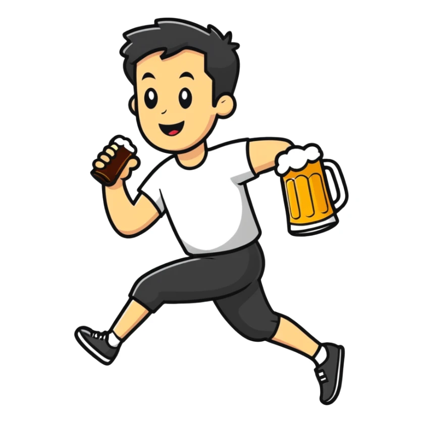 man running with a beer, cartoonish sticker style sticker