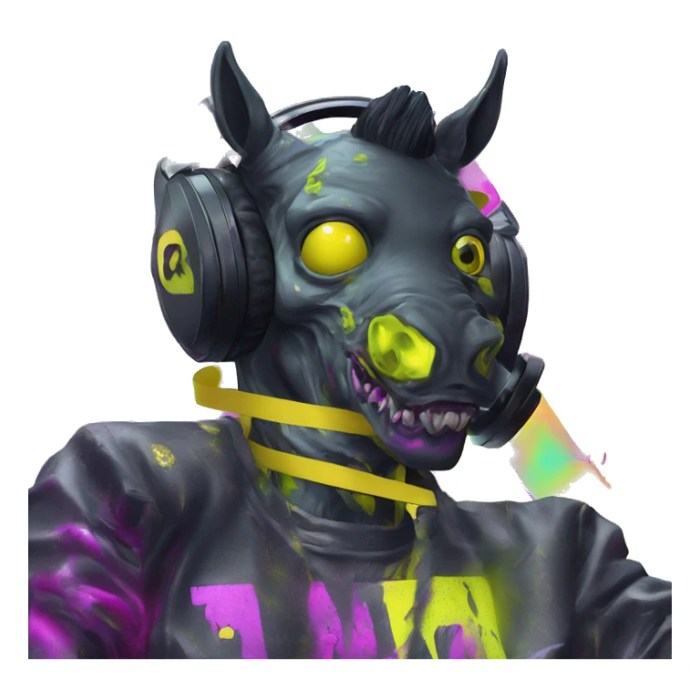 .Zombie_ Vaporwave black holographic oilslick zombie unicorn yellow caution tape holding a vinyl dj graffiti sticker