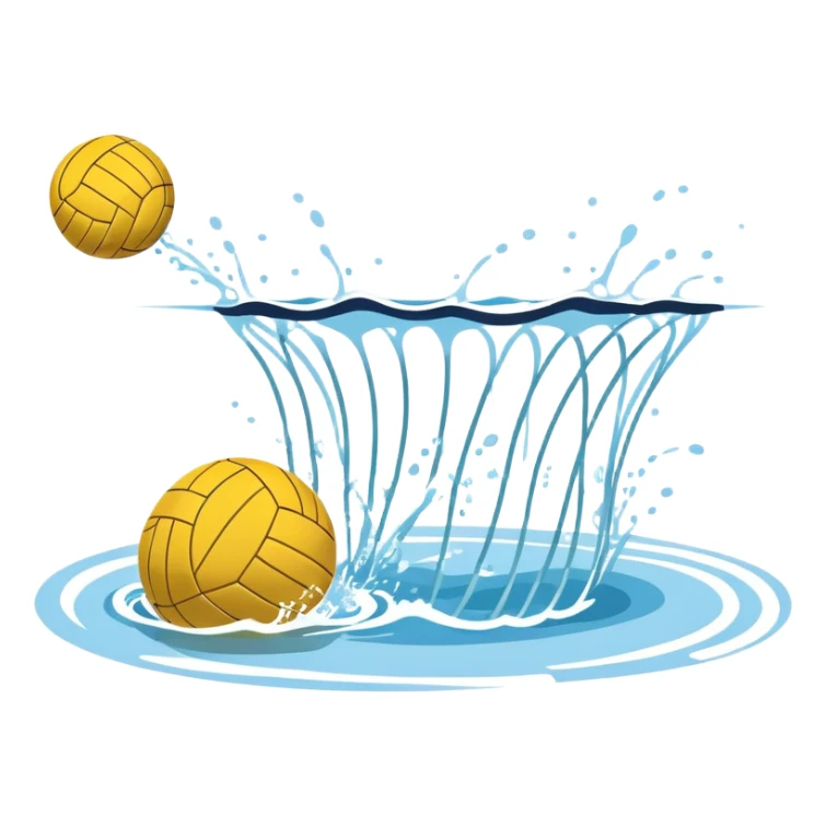 An icon featuring a yellow water polo ball floating on the water with goals in the background, inside a swimming pool. The design includes splashes and ripples, symbolizing the fast-paced action and strategy of water polo. Transparent background highlights. sticker