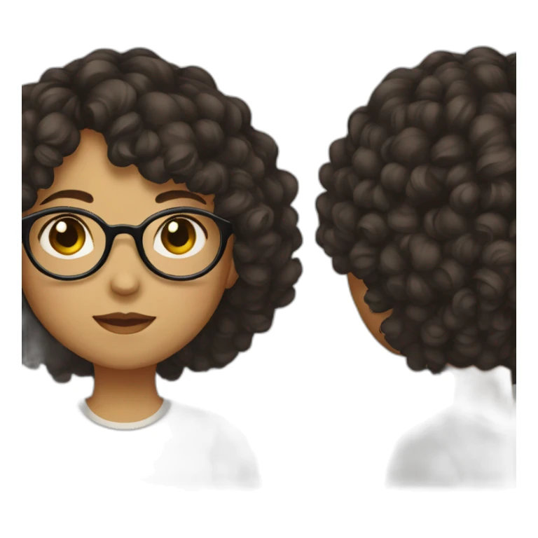 girl with short curly dark brown hair and bangs and she has glasses sticker