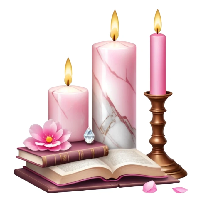 Aesthetic candles, flower petals, books, marble stand, crystal stones sticker