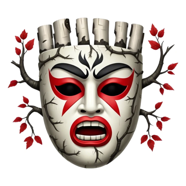 birch tree male mask in kokoshnik expressing anger, white, black and red palette, the texture has black marks sticker