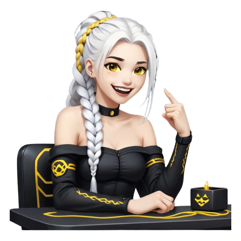 ghibli style, she is laughing outrageously and pounding her fist on the table, a closeup portrait of young woman with gold yellow eyes, white hair, long braid, black off-shoulder top, punk gothic style, futuristic cyberwave cyberpunk, sitting position
 sticker