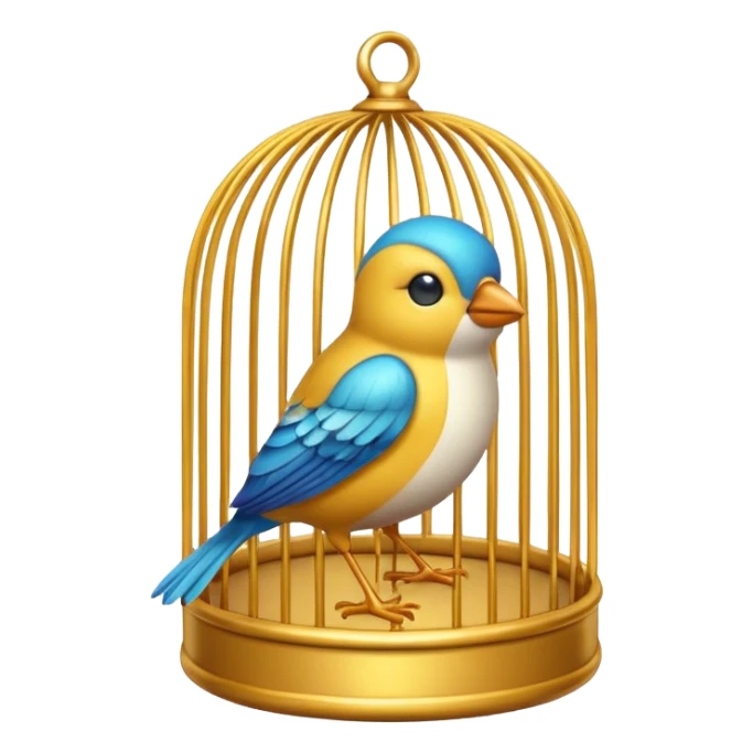 “3D emoji of a small bird inside a golden round cage, in Apple Memoji style. Soft studio lighting, glossy finish, black background, minimalistic and centered composition.” sticker