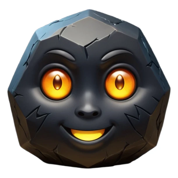 Single black obsidian rock character, thick and heavy with sharp facets and subtle reflections, carved cute face with glowing round eyes and a small smile, 3D render, high detail, soft backlighting, isolated on a plain dark background. sticker
