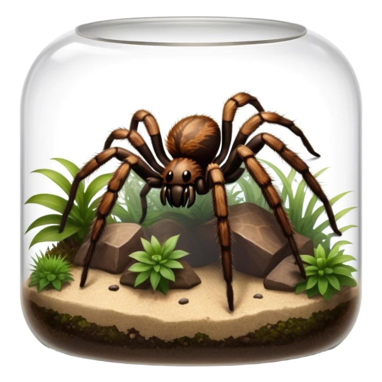 Close-up collage of a pet spider like tarantula, inside a large terrarium. Soft natural lighting highlights their textures and details. Transparent background sticker