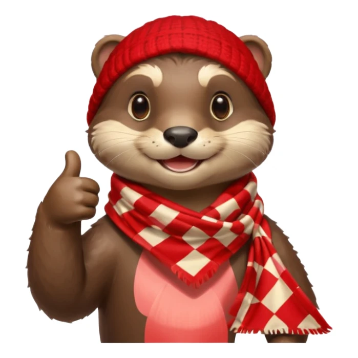 a cute otter smiling and giving thumbs up, wearing red Checkered Triangle scarf sticker