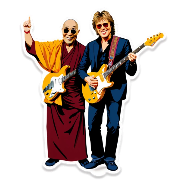 Dalai lama and  Jon Bon Jovi jam electric guitars sticker