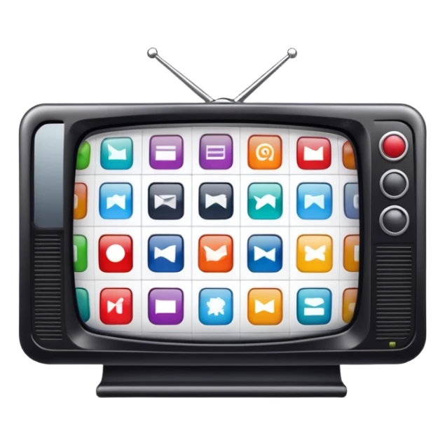 TV screen displaying a 2x2 grid of channels, each channel showing a different simple icon or color sticker