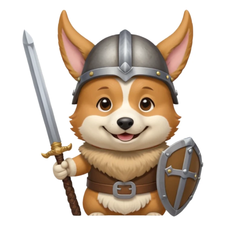corgi with viking helmet and sword behind sticker